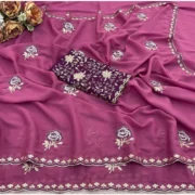 Generic Women's Star Georgette Embroidered Saree With Unstitched Blouse 5.5Mtr (Pink) - Image 2