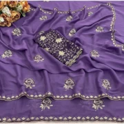 Generic Women's Star Georgette Embroidered Saree With Unstitched Blouse 5.5Mtr (Purple) - Image 2