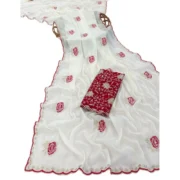 Generic Women's Star Georgette Embroidered Saree With Unstitched Blouse 5.5Mtr (White) - Image 3