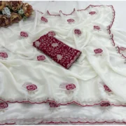 Generic Women's Star Georgette Embroidered Saree With Unstitched Blouse 5.5Mtr (White) - Image 2