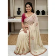 Generic Women's Star Georgette Embroidered Saree With Unstitched Blouse 5.5Mtr (Cream)