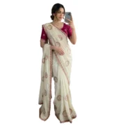 Generic Women's Star Georgette Embroidered Saree With Unstitched Blouse 5.5Mtr (Cream) - Image 4