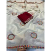 Generic Women's Star Georgette Embroidered Saree With Unstitched Blouse 5.5Mtr (Cream) - Image 3