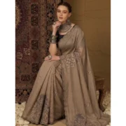 Generic Women's Viscose Silk Embroidered Saree With Unstitched Blouse 5.5Mtr (Brown)