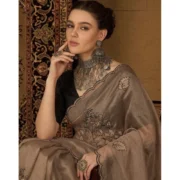 Generic Women's Viscose Silk Embroidered Saree With Unstitched Blouse 5.5Mtr (Brown) - Image 4
