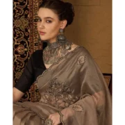 Generic Women's Viscose Silk Embroidered Saree With Unstitched Blouse 5.5Mtr (Brown) - Image 3