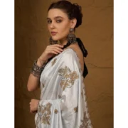 Generic Women's Viscose Silk Embroidered Saree With Unstitched Blouse 5.5Mtr (Grey) - Image 3