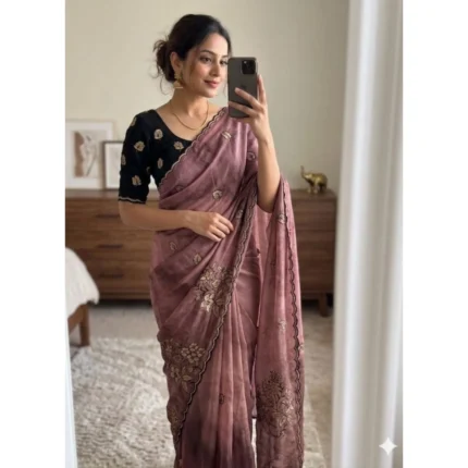Generic Women's Viscose Silk Embroidered Saree With Unstitched Blouse 5.5Mtr (Pink)