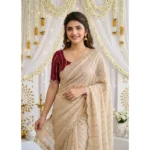 Generic Women's Star Georgette Embroidered Saree With Unstitched Blouse 5.5Mtr (Beige)