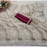 Generic Women's Star Georgette Embroidered Saree With Unstitched Blouse 5.5Mtr (Beige) - Image 3