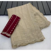 Generic Women's Star Georgette Embroidered Saree With Unstitched Blouse 5.5Mtr (Beige) - Image 4