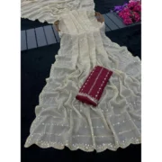 Generic Women's Star Georgette Embroidered Saree With Unstitched Blouse 5.5Mtr (Beige) - Image 2