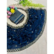 Generic Women's Satin Embellished Saree With Unstitched Blouse 5.5Mtr (Teal) - Image 3
