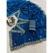 Generic Women's Satin Embellished Saree With Unstitched Blouse 5.5Mtr (Teal) - Image 2