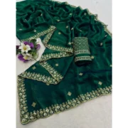 Generic Women's Satin Embellished Saree With Unstitched Blouse 5.5Mtr (Green) - Image 5