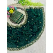 Generic Women's Satin Embellished Saree With Unstitched Blouse 5.5Mtr (Green) - Image 4