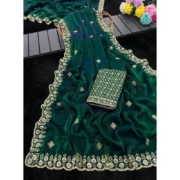 Generic Women's Satin Embellished Saree With Unstitched Blouse 5.5Mtr (Green) - Image 3