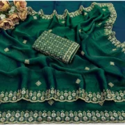 Generic Women's Satin Embellished Saree With Unstitched Blouse 5.5Mtr (Green) - Image 2