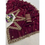 Generic Women's Satin Embellished Saree With Unstitched Blouse 5.5Mtr (Maroon) - Image 2
