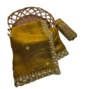 Generic Women's Satin Embellished Saree With Unstitched Blouse 5.5Mtr (Mustard) - Image 6