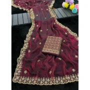 Generic Women's Satin Embellished Saree With Unstitched Blouse 5.5Mtr (Wine-Toned) - Image 3