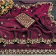 Generic Women's Satin Embellished Saree With Unstitched Blouse 5.5Mtr (Wine-Toned) - Image 2