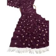 Generic Women's Georgette Embellished Saree With Unstitched Blouse 5.5Mtr (Wine) - Image 3