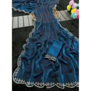 Generic Women's Satin Embellished Saree With Unstitched Blouse 5.5Mtr (Navy) - Image 5