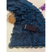 Generic Women's Satin Embellished Saree With Unstitched Blouse 5.5Mtr (Navy) - Image 2