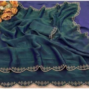 Generic Women's Satin Embellished Saree With Unstitched Blouse 5.5Mtr (Bottle Green) - Image 4