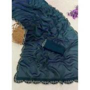 Generic Women's Satin Embellished Saree With Unstitched Blouse 5.5Mtr (Bottle Green) - Image 2