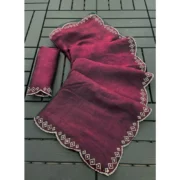 Generic Women's Satin Embellished Saree With Unstitched Blouse 5.5Mtr (Burgundy)