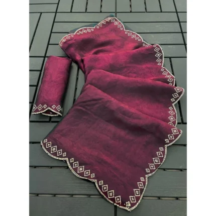 Generic Women's Satin Embellished Saree With Unstitched Blouse 5.5Mtr (Burgundy)
