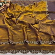 Generic Women's Satin Embellished Saree With Unstitched Blouse 5.5Mtr (Mustard) - Image 4