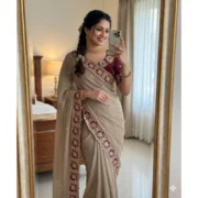 Generic Women's Star Georgette Embroidered Saree With Unstitched Blouse 5.5Mtr (Beige)