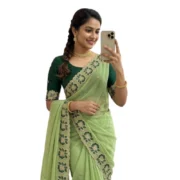 Generic Women's Star Georgette Embroidered Saree With Unstitched Blouse 5.5Mtr (Green) - Image 7