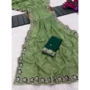 Generic Women's Star Georgette Embroidered Saree With Unstitched Blouse 5.5Mtr (Green) - Image 2