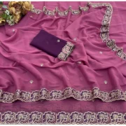 Generic Women's Star Georgette Embroidered Saree With Unstitched Blouse 5.5Mtr (Pink) - Image 5