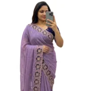 Generic Women's Star Georgette Embroidered Saree With Unstitched Blouse 5.5Mtr (Purple) - Image 7