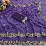 Generic Women's Star Georgette Embroidered Saree With Unstitched Blouse 5.5Mtr (Purple) - Image 5