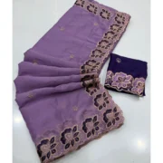 Generic Women's Star Georgette Embroidered Saree With Unstitched Blouse 5.5Mtr (Purple) - Image 3