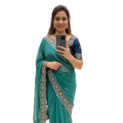 Generic Women's Star Georgette Embroidered Saree With Unstitched Blouse 5.5Mtr (Sea Green) - Image 7
