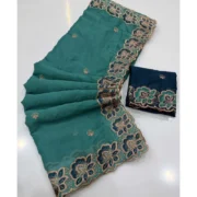 Generic Women's Star Georgette Embroidered Saree With Unstitched Blouse 5.5Mtr (Sea Green) - Image 6