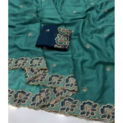 Generic Women's Star Georgette Embroidered Saree With Unstitched Blouse 5.5Mtr (Sea Green) - Image 5