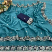 Generic Women's Star Georgette Embroidered Saree With Unstitched Blouse 5.5Mtr (Sea Green) - Image 3