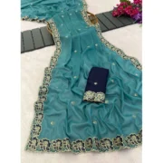Generic Women's Star Georgette Embroidered Saree With Unstitched Blouse 5.5Mtr (Sea Green) - Image 2