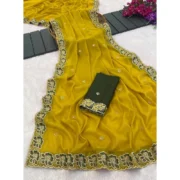 Generic Women's Star Georgette Embroidered Saree With Unstitched Blouse 5.5Mtr (Olive Green) - Image 2