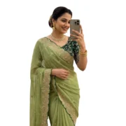 Generic Women's Star Georgette Embroidered Saree With Unstitched Blouse 5.5Mtr (Green) - Image 7