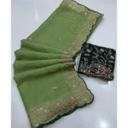 Generic Women's Star Georgette Embroidered Saree With Unstitched Blouse 5.5Mtr (Green) - Image 6
