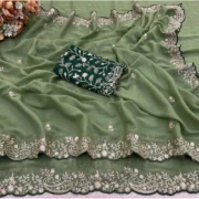 Generic Women's Star Georgette Embroidered Saree With Unstitched Blouse 5.5Mtr (Green) - Image 4